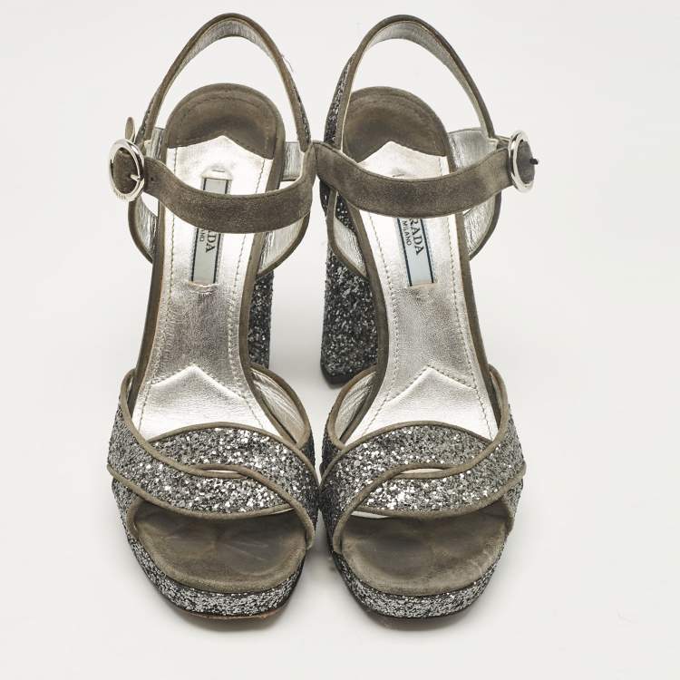 Pre Owned Prada Grey Glitter and Suede Platform Ankle Strap Sandals Size 37