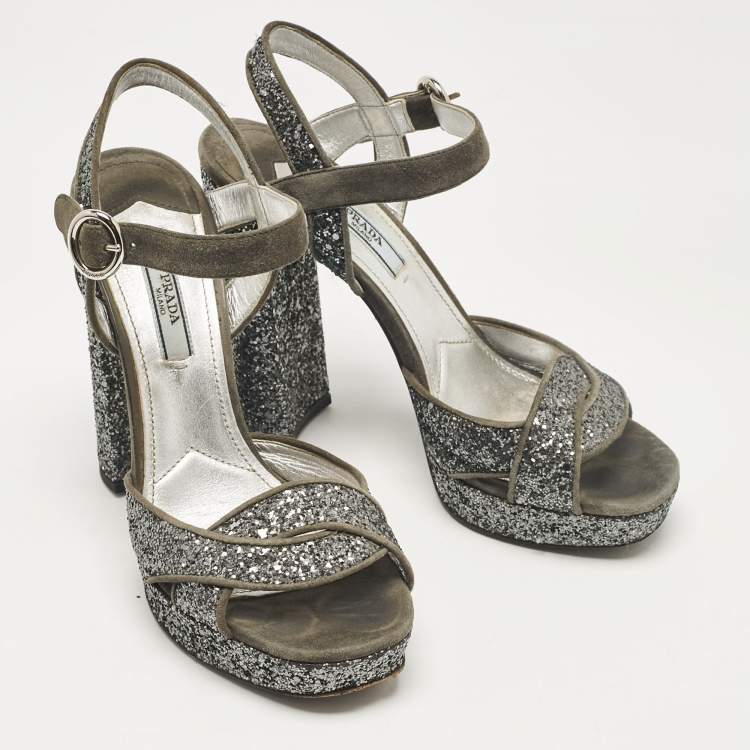 Pre Owned Prada Grey Glitter and Suede Platform Ankle Strap Sandals Size 37