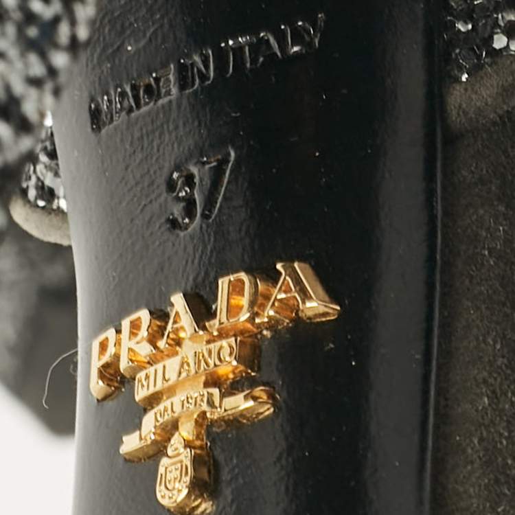 Pre Owned Prada Grey Glitter and Suede Platform Ankle Strap Sandals Size 37