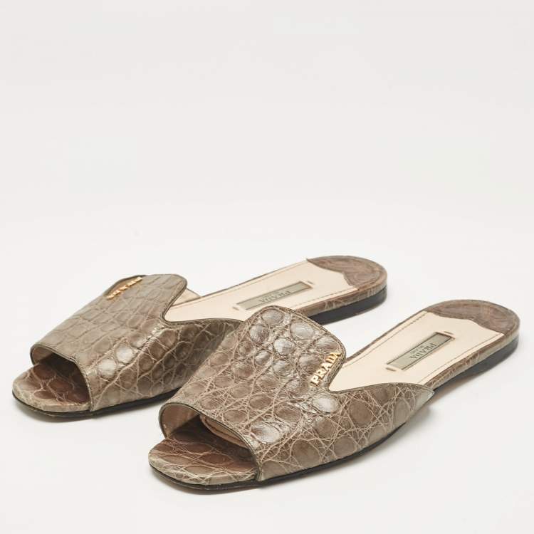 Pre Owned Prada Grey Crocodile Leather Flat Slides Size 36.5