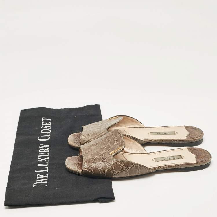 Pre Owned Prada Grey Crocodile Leather Flat Slides Size 36.5