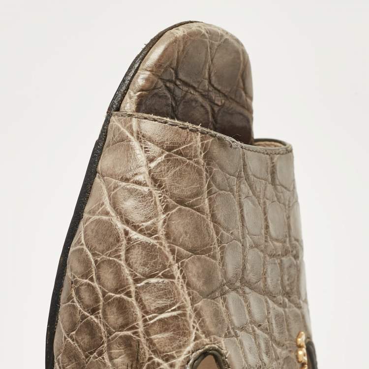 Pre Owned Prada Grey Crocodile Leather Flat Slides Size 36.5