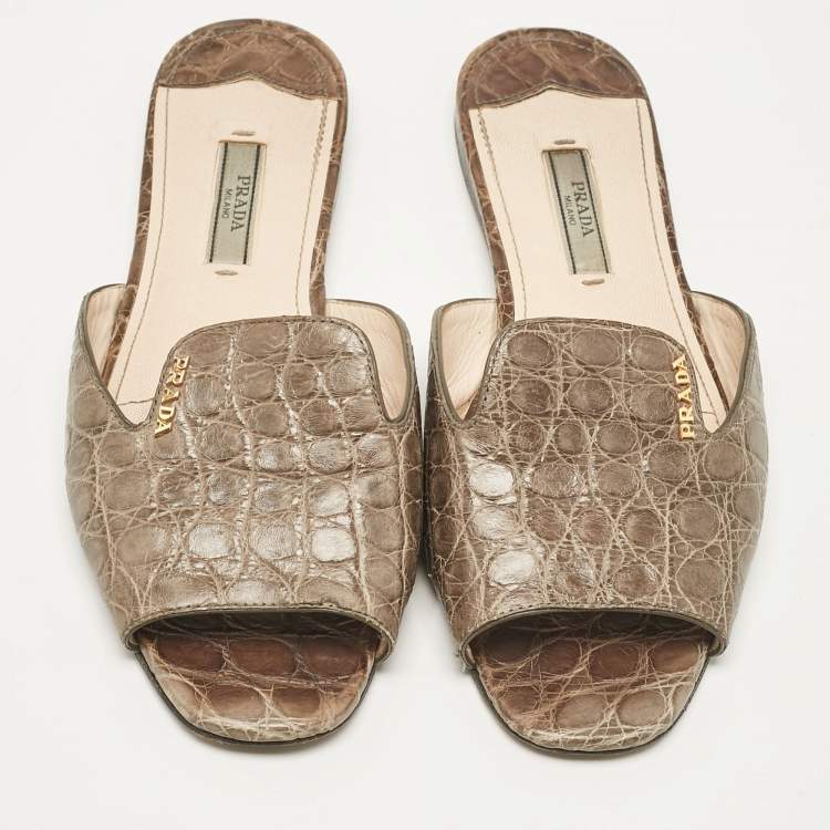 Pre Owned Prada Grey Crocodile Leather Flat Slides Size 36.5