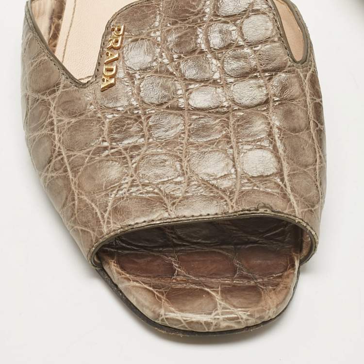 Pre Owned Prada Grey Crocodile Leather Flat Slides Size 36.5