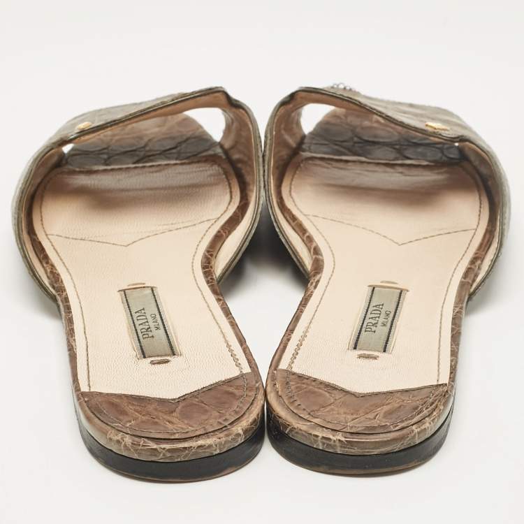 Pre Owned Prada Grey Crocodile Leather Flat Slides Size 36.5