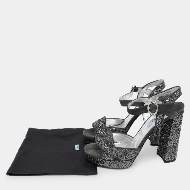 Pre Owned Prada Grey Glitter and Suede Ankle Strap Sandals Size 39
