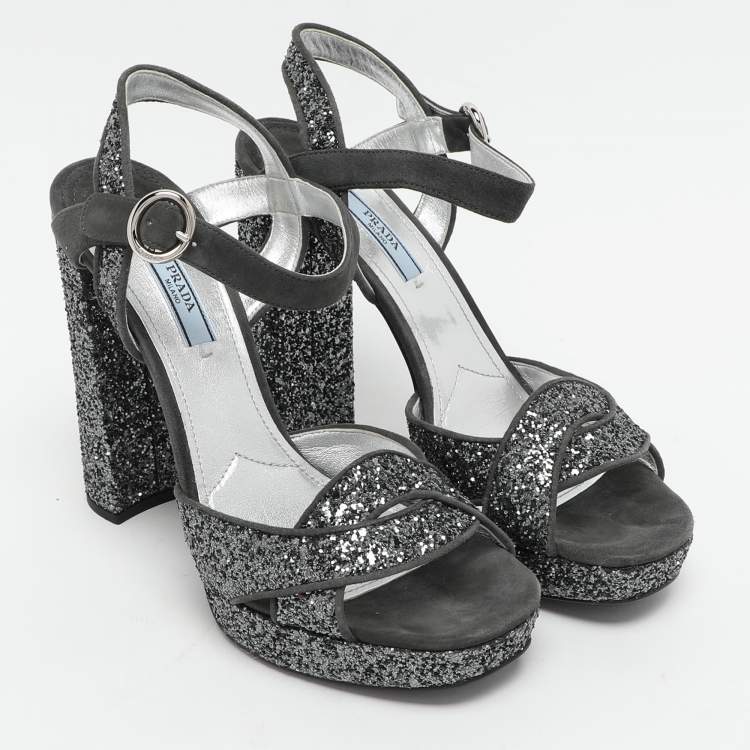 Pre Owned Prada Grey Glitter and Suede Ankle Strap Sandals Size 39