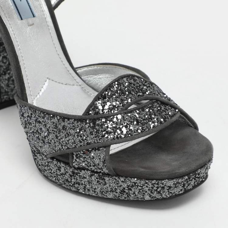Pre Owned Prada Grey Glitter and Suede Ankle Strap Sandals Size 39