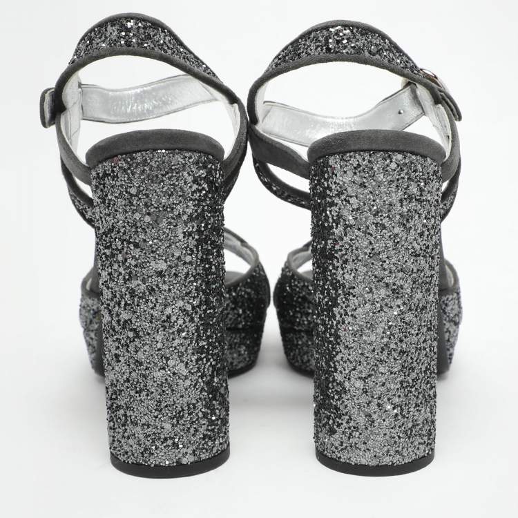 Pre Owned Prada Grey Glitter and Suede Ankle Strap Sandals Size 39