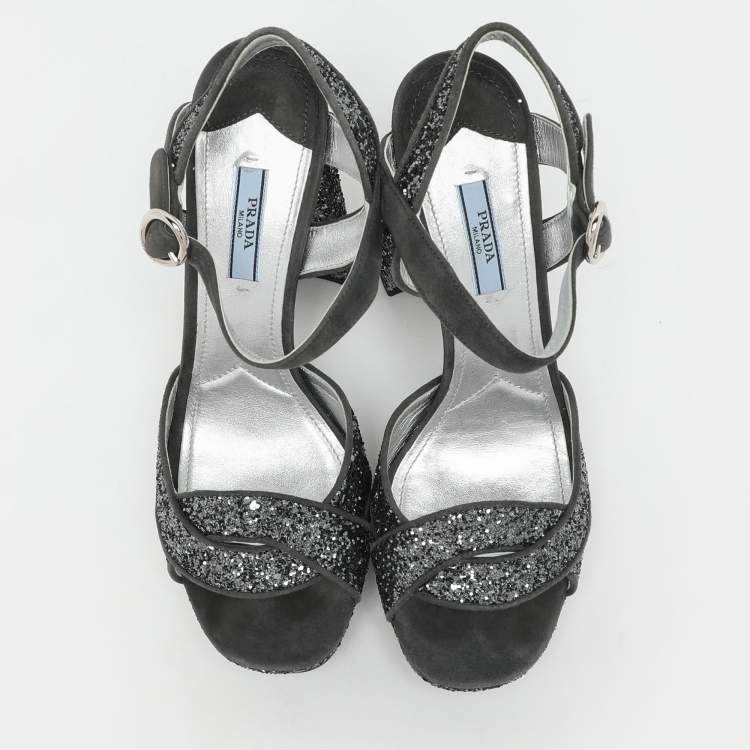Pre Owned Prada Grey Glitter and Suede Ankle Strap Sandals Size 39