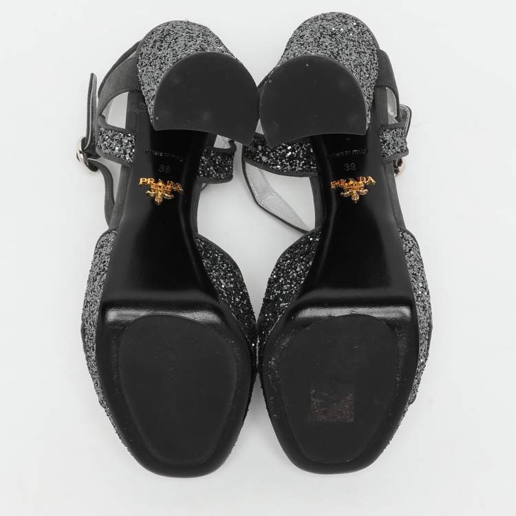 Pre Owned Prada Grey Glitter and Suede Ankle Strap Sandals Size 39