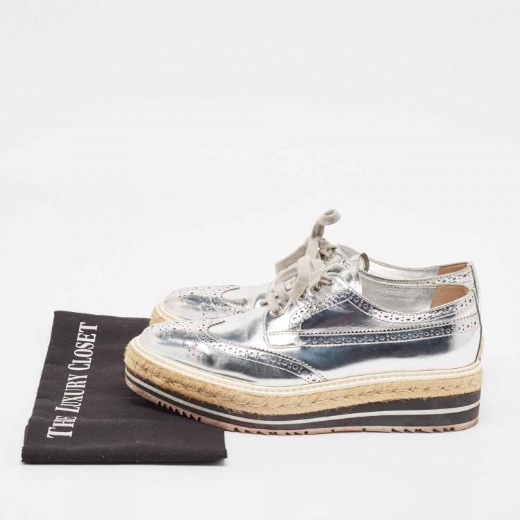 Pre Owned Prada Silver Leather Brogues Oxford Sneakers Size 38