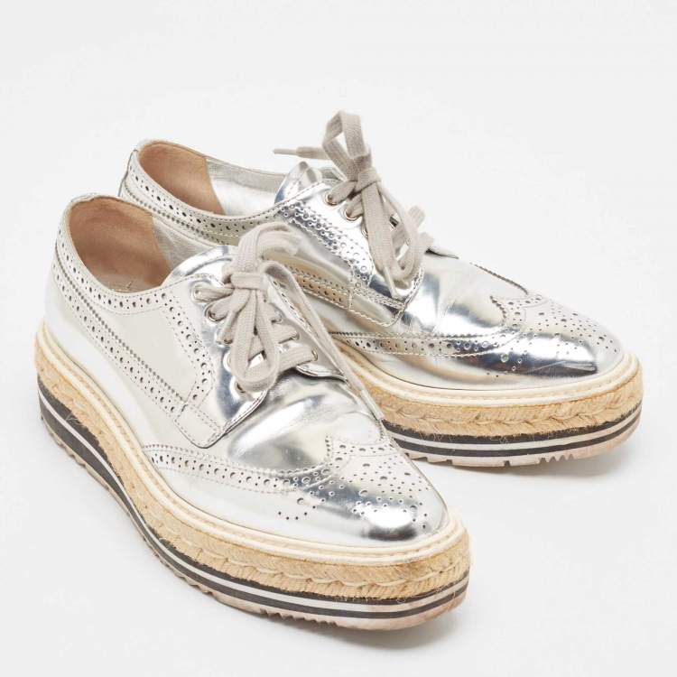 Pre Owned Prada Silver Leather Brogues Oxford Sneakers Size 38
