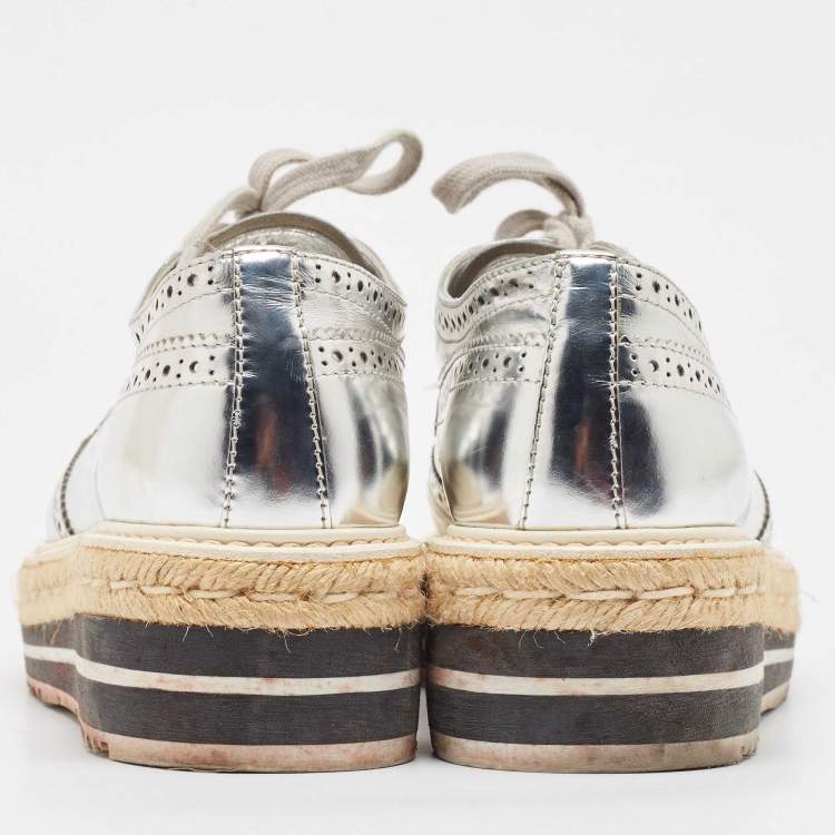 Pre Owned Prada Silver Leather Brogues Oxford Sneakers Size 38