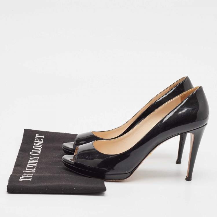 Pre Owned Prada Black Patent Leather Peep Toe Platform Pumps Size 39