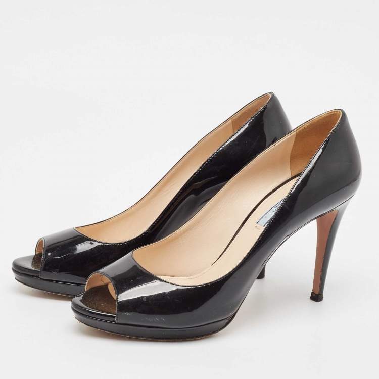 Pre Owned Prada Black Patent Leather Peep Toe Platform Pumps Size 39