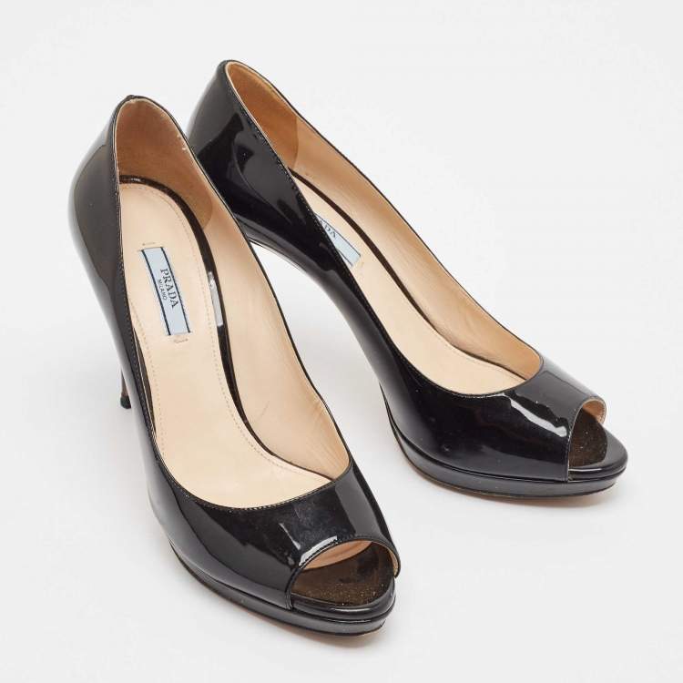 Pre Owned Prada Black Patent Leather Peep Toe Platform Pumps Size 39