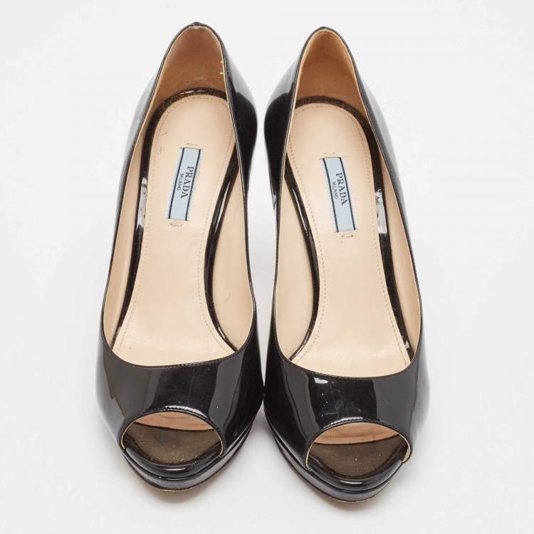 Pre Owned Prada Black Patent Leather Peep Toe Platform Pumps Size 39
