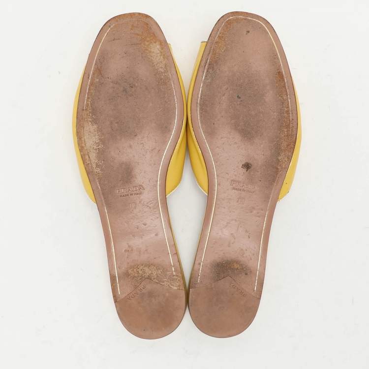 Pre Owned Prada Yellow Patent Saffiano Leather Flat Slides Size 40