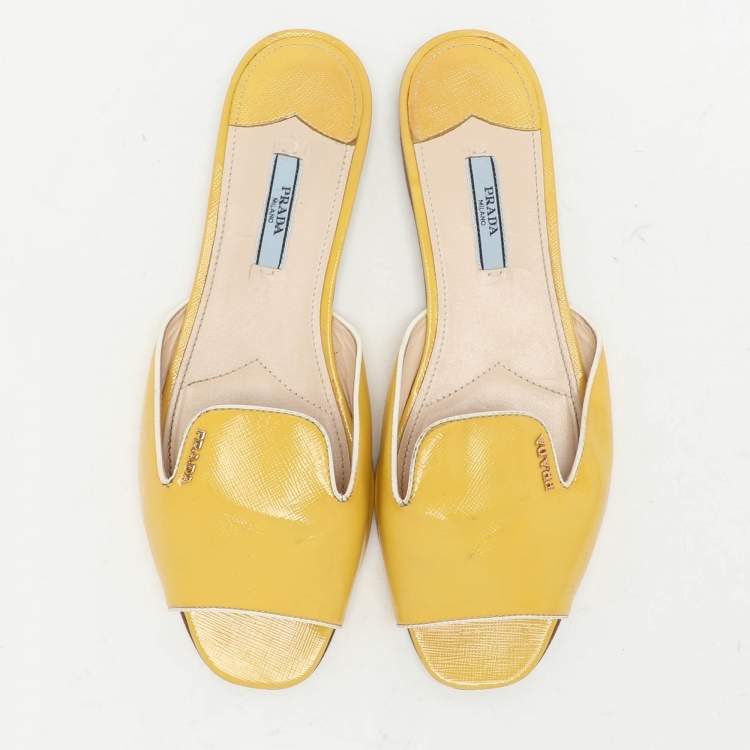 Pre Owned Prada Yellow Patent Saffiano Leather Flat Slides Size 40