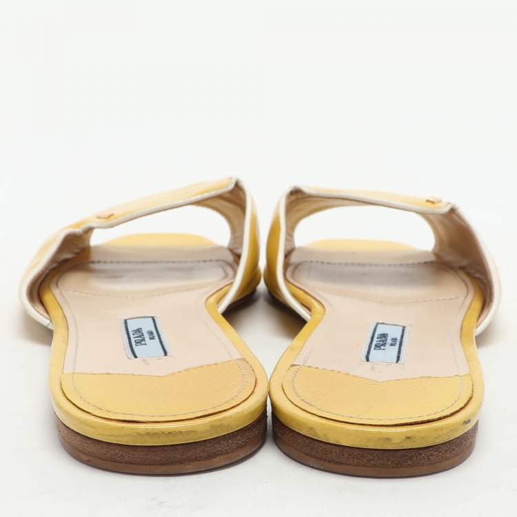 Pre Owned Prada Yellow Patent Saffiano Leather Flat Slides Size 40