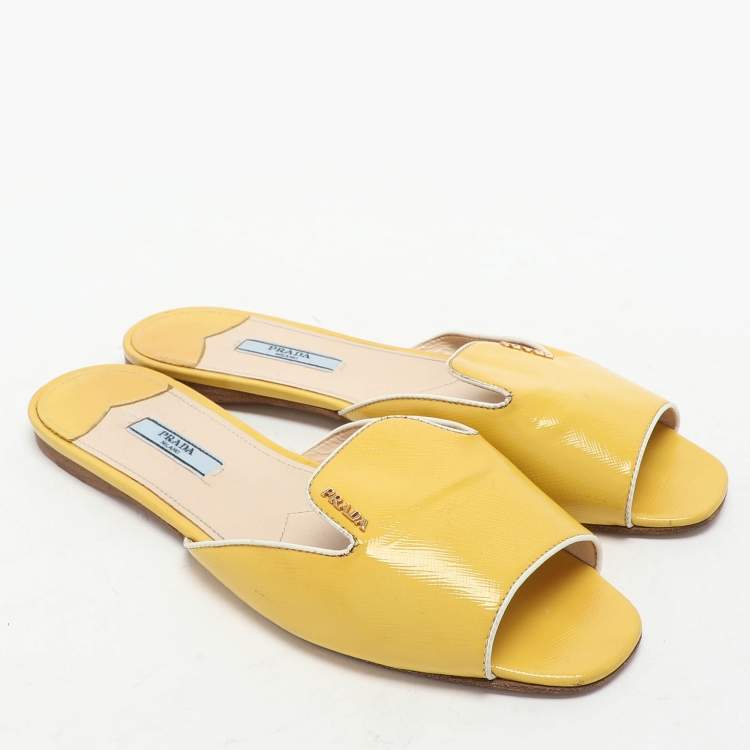 Pre Owned Prada Yellow Patent Saffiano Leather Flat Slides Size 40