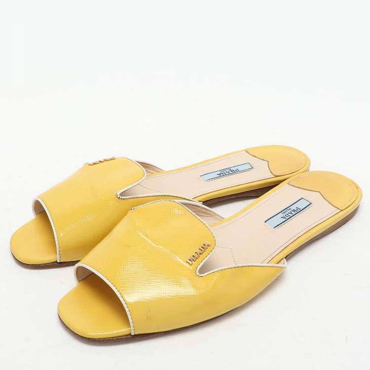 Pre Owned Prada Yellow Patent Saffiano Leather Flat Slides Size 40