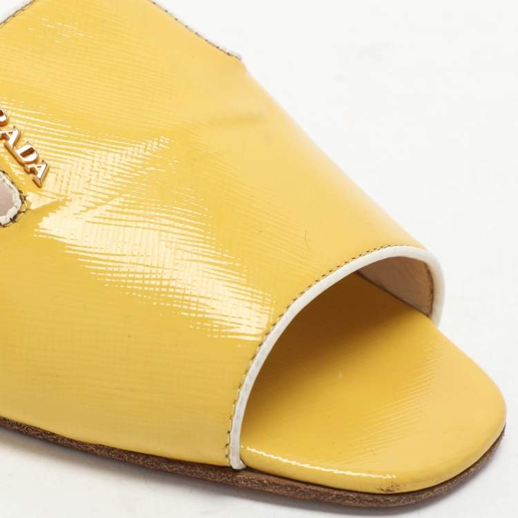 Pre Owned Prada Yellow Patent Saffiano Leather Flat Slides Size 40