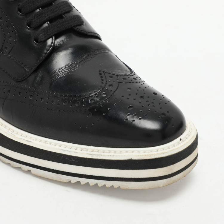 Pre Owned Prada Black Brogue Leather Derby Low Top Sneakers Size 39