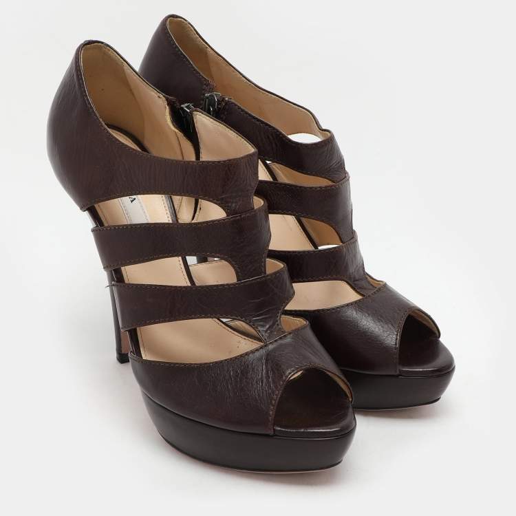 Pre Owned Prada Brown Leather Caged Booties Size 38