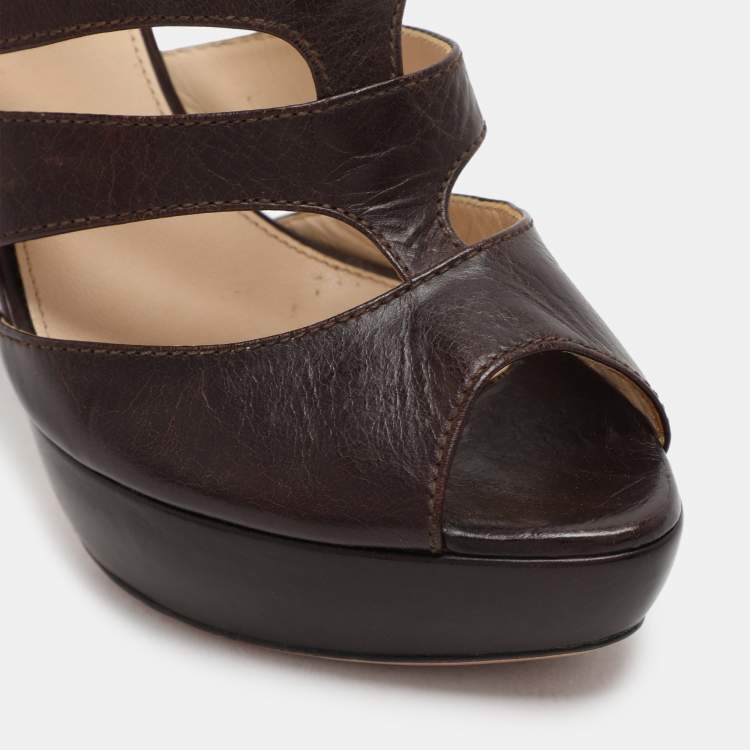 Pre Owned Prada Brown Leather Caged Booties Size 38