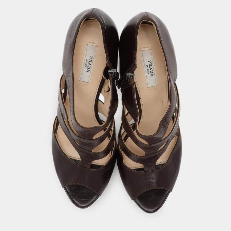Pre Owned Prada Brown Leather Caged Booties Size 38