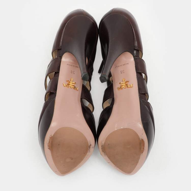 Pre Owned Prada Brown Leather Caged Booties Size 38
