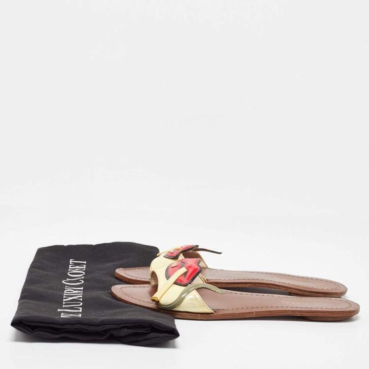 Pre Owned Prada Multicolor Patent Leather Smokings Lips Flats Slides Size 36