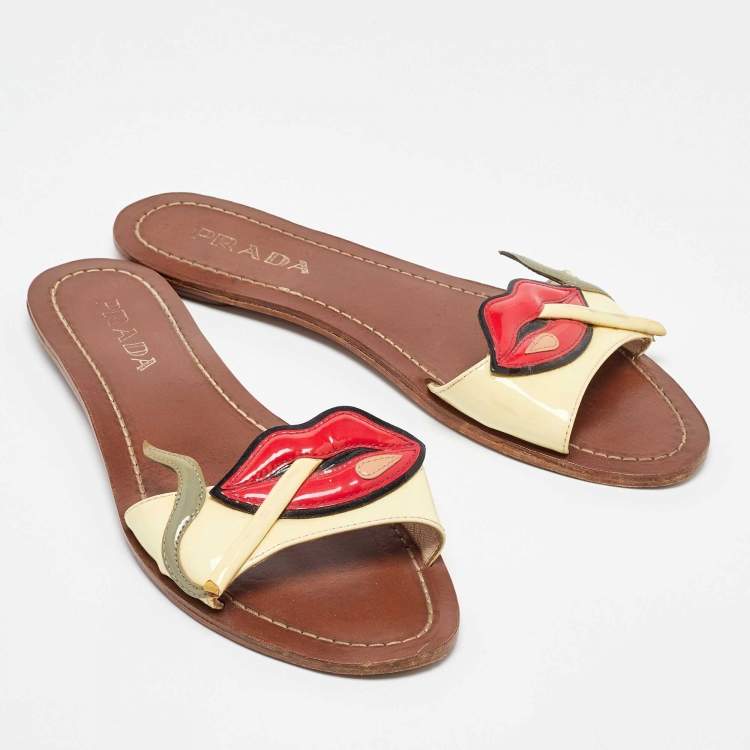 Pre Owned Prada Multicolor Patent Leather Smokings Lips Flats Slides Size 36