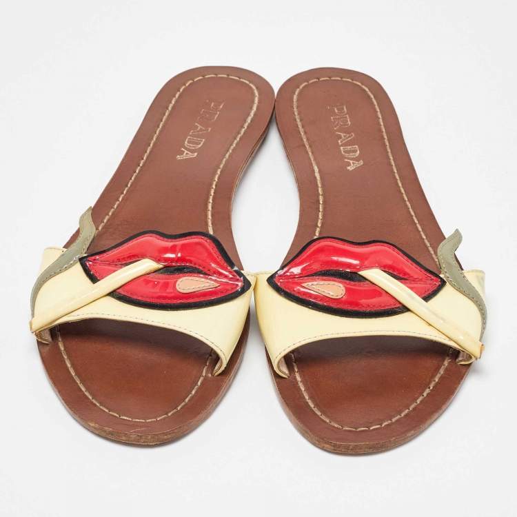 Pre Owned Prada Multicolor Patent Leather Smokings Lips Flats Slides Size 36