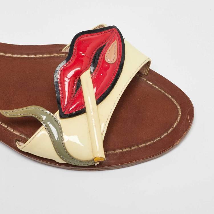 Pre Owned Prada Multicolor Patent Leather Smokings Lips Flats Slides Size 36