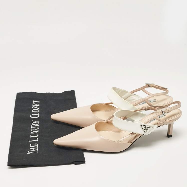 Pre Owned Prada Beige/White Leather Slingback Pumps Size 40.5