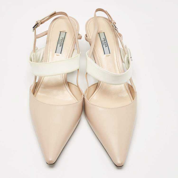 Pre Owned Prada Beige/White Leather Slingback Pumps Size 40.5