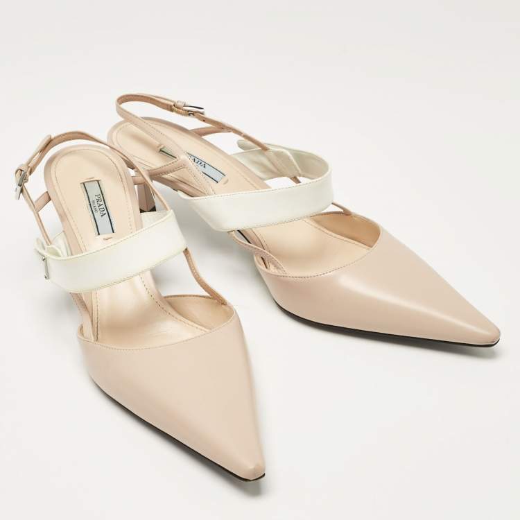 Pre Owned Prada Beige/White Leather Slingback Pumps Size 40.5