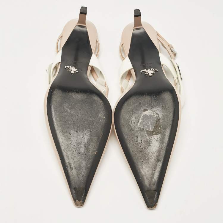 Pre Owned Prada Beige/White Leather Slingback Pumps Size 40.5