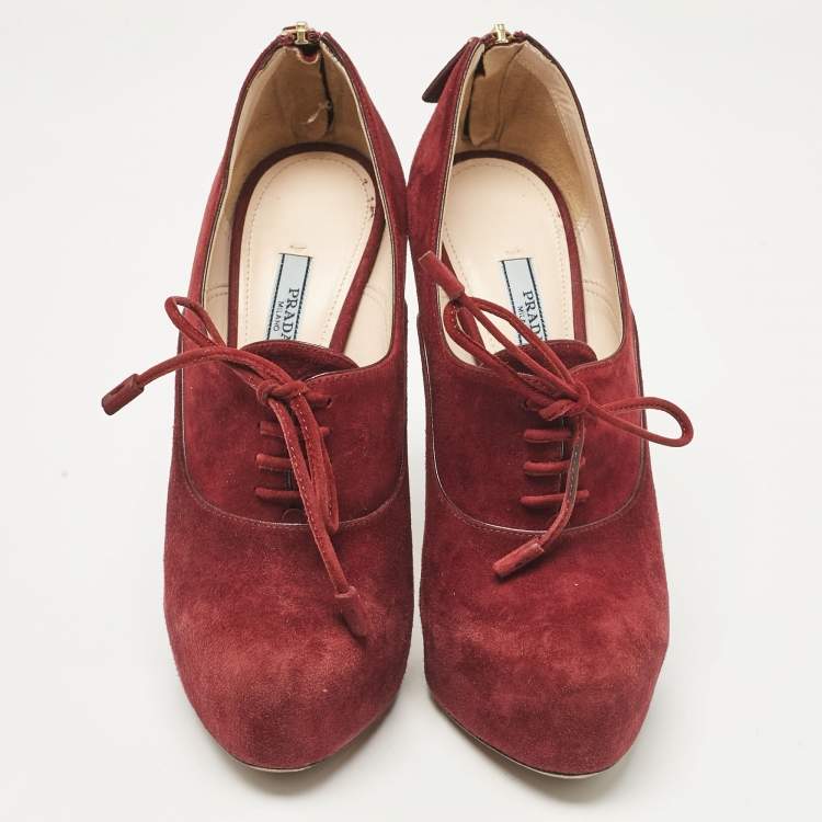 Pre Owned Prada Burgundy Suede Lace Up Booties Size 37.5