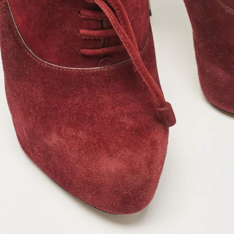 Pre Owned Prada Burgundy Suede Lace Up Booties Size 37.5