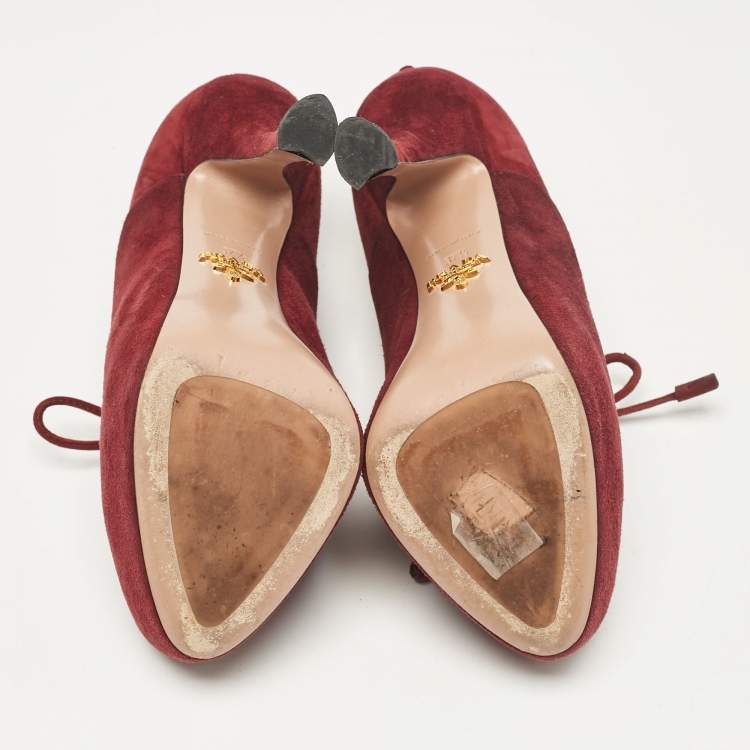 Pre Owned Prada Burgundy Suede Lace Up Booties Size 37.5