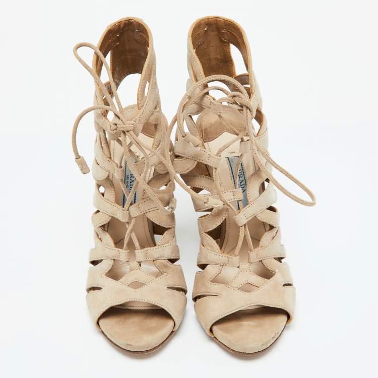 Pre Owned Prada Beige Suede Ankle Strap Sandals Size 35