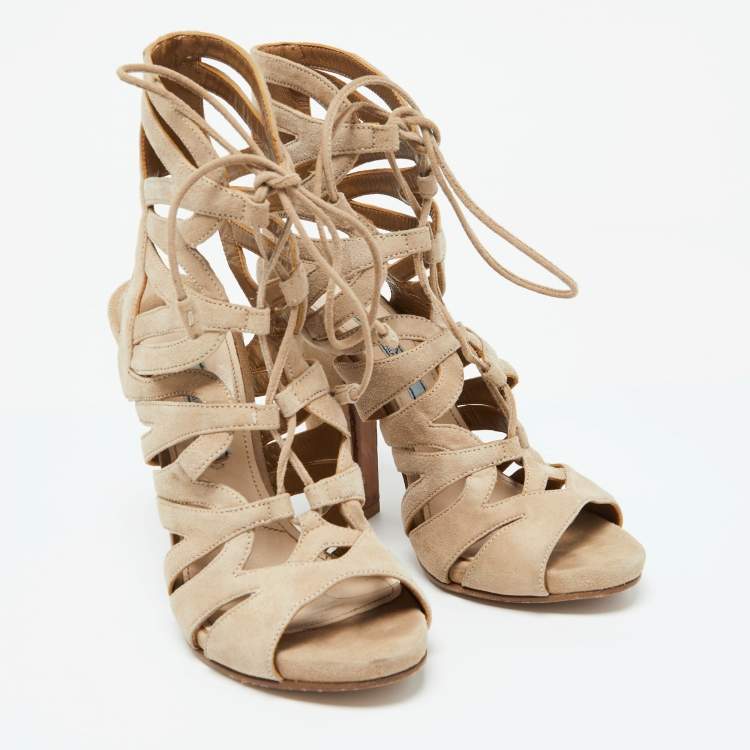 Pre Owned Prada Beige Suede Ankle Strap Sandals Size 35