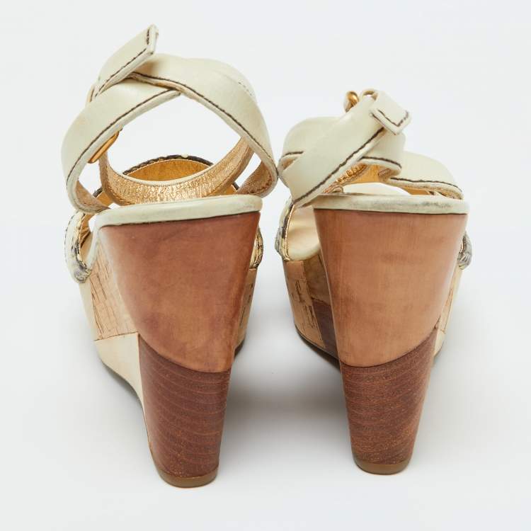 Pre Owned Prada Cream Leather and Snakeskin Leather Platform Wedge Sandals Size 39