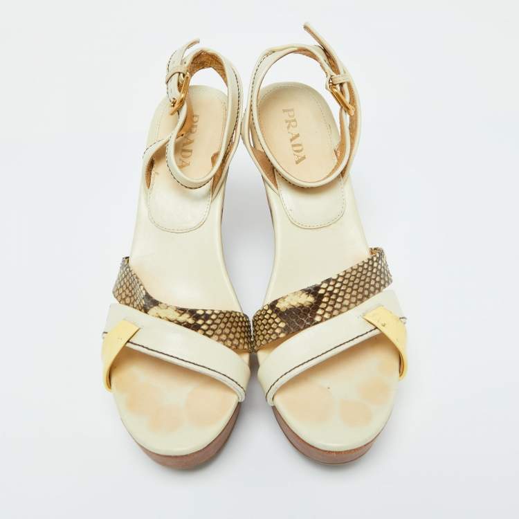 Pre Owned Prada Cream Leather and Snakeskin Leather Platform Wedge Sandals Size 39