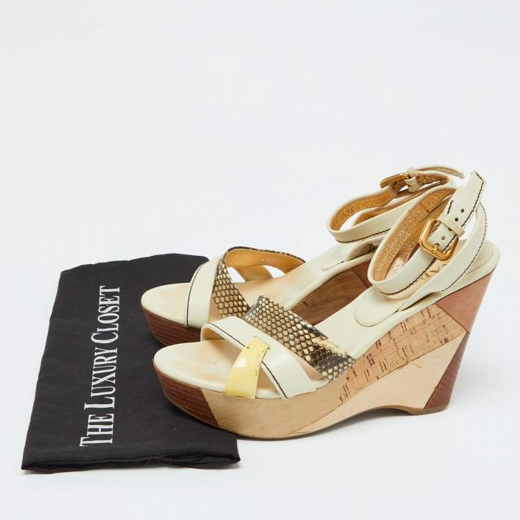 Pre Owned Prada Cream Leather and Snakeskin Leather Platform Wedge Sandals Size 39