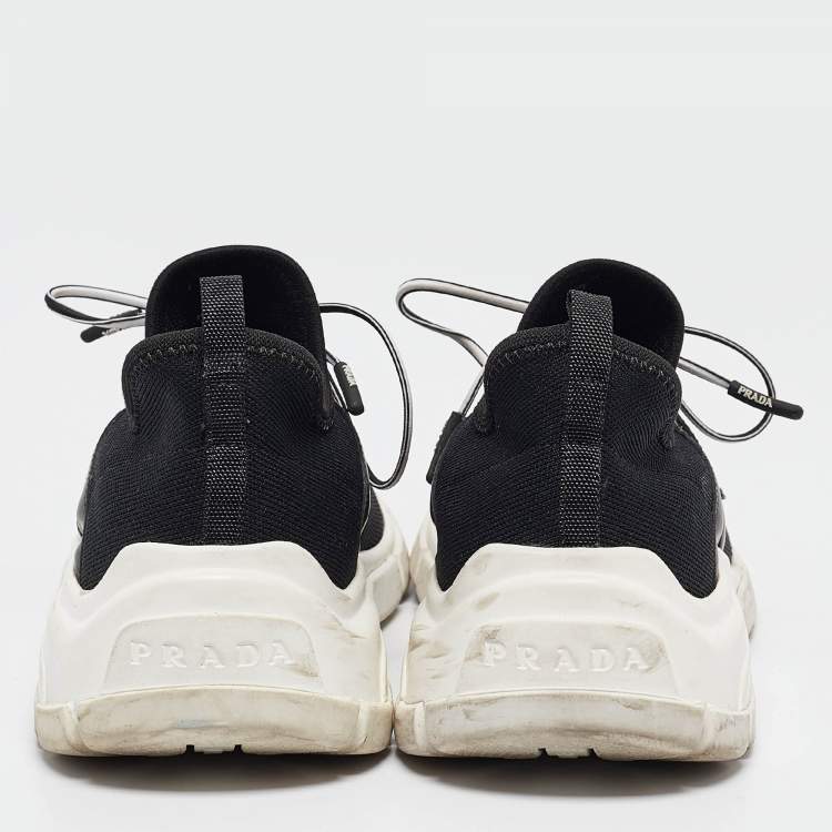 Pre Owned Prada Black/White Knit Fabric Lace Up Sneakers Size 37.5